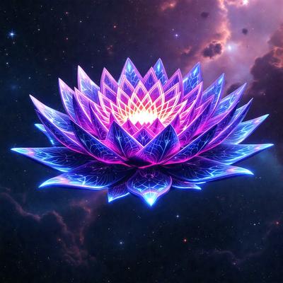 The primary subject of the image is a large, colorful flower with a purple center. The flower is set against a backdrop of a starry sky, which adds to the overall atmosphere of the image. The visual style of the image is a combination of digital art and illustration, creating a vibrant and eye-catching display. The dominant colors in the image are purple, blue, and pink, which contribute to the overall mood of the scene.